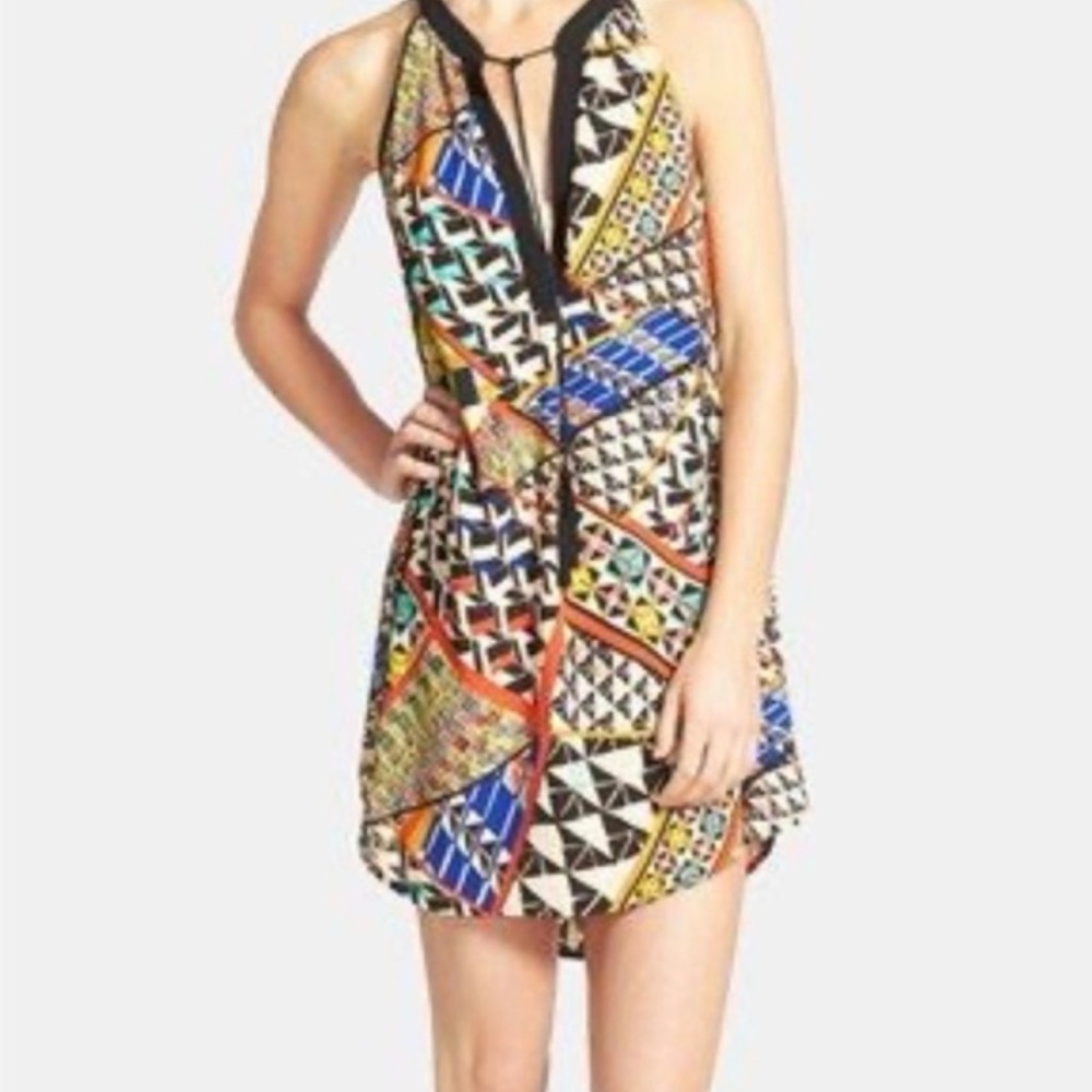 ASTR Multicolor Geometric Print Mini Dress Halter Neck High Low Hem sz M - Picture 2 of 11